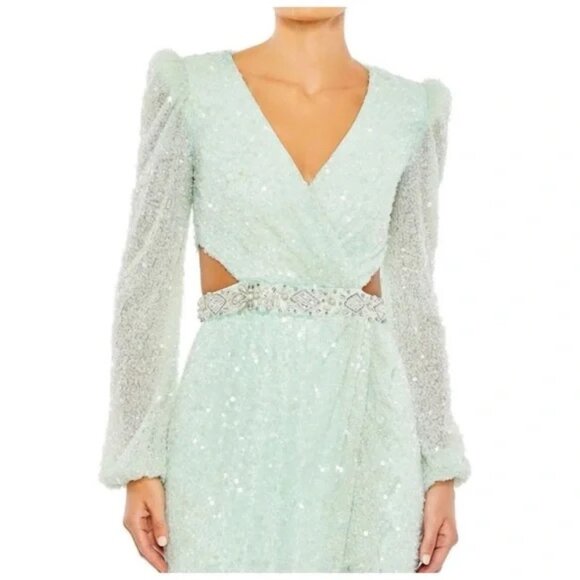 Mac Duggal 5745 Mint Long Sleeve V Neck Cut Outs High Slit Maxi NEW Size 8 - Picture 3 of 7